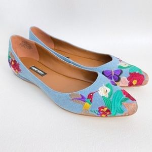 Nine West Floral Denim Blue Embroidered Flats Floral Hummingbird Size 7M